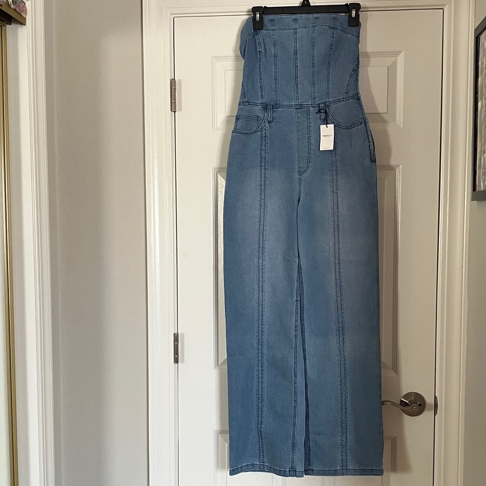 Light Blue Strapless Denim Jumpsuit